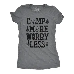 Womens Camp More Worry Less T Shirt Funny Camping Saying Gift for Camper Fun Top Guys Funny Womens T Shirts Cute Vintage Fashion Casual Ladies T-Shirt Gift Vintage Tops for Women Funny Camping Top Women's Dark Grey