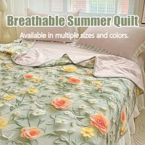 High-End Oil Painting Style Summer Quilt, Floral Embroidery Design, Washable Air Conditioning Blanket, Ideal for Rentals, Hostels, Home Use