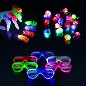 60Pack Light Up Party Favor Set Includes 44 LED Finger Lights 12 LED Flashing Bumpy Rings & 4 LED Slotted Shades Glasses for Fun Celebrations Unisex