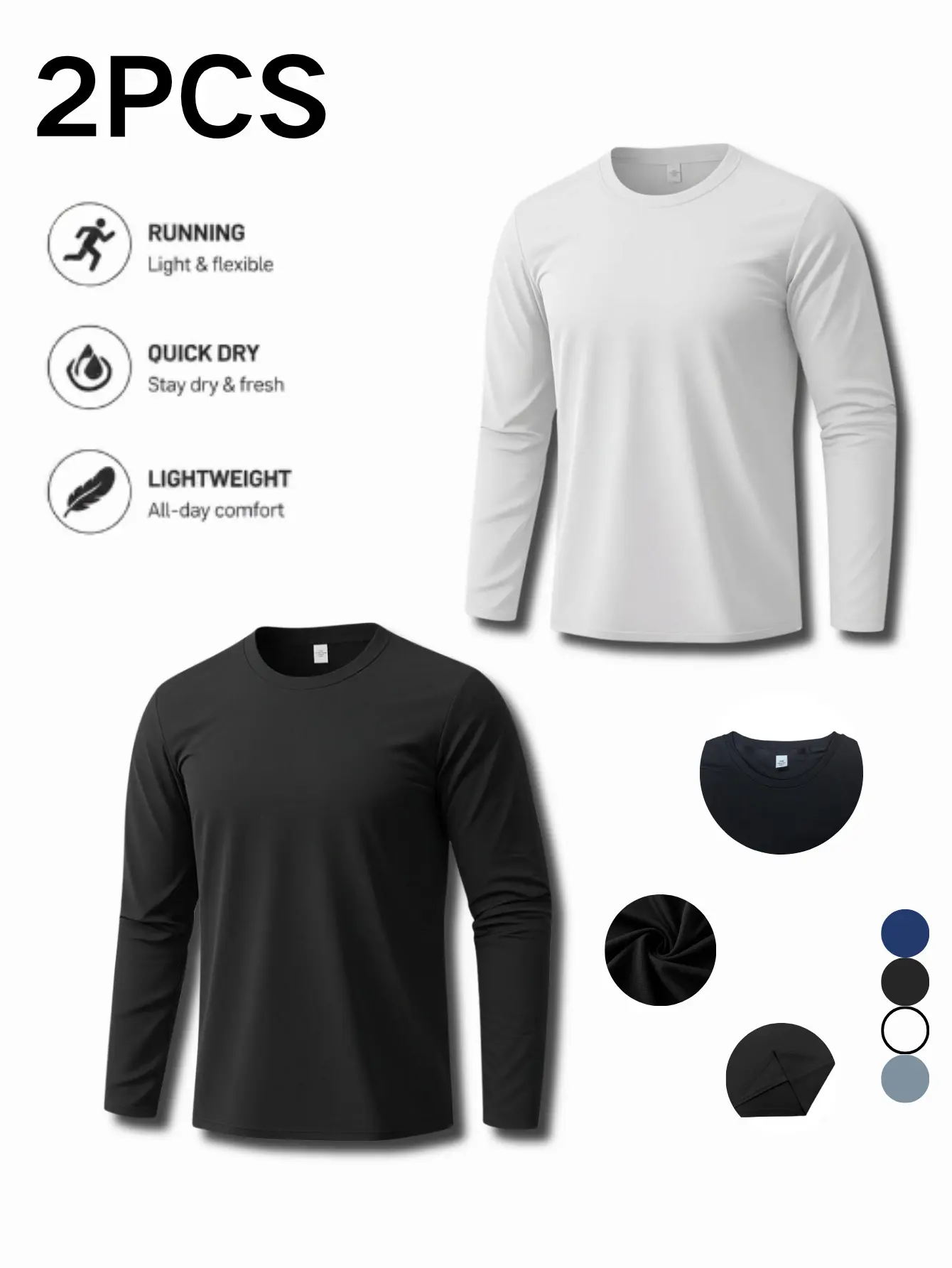 Men’s 2-Pack Quick-Dry Crew Neck Long Sleeve T-Shirts, Lightweight Breathable Running & Fitness Base Layer Casual Tops