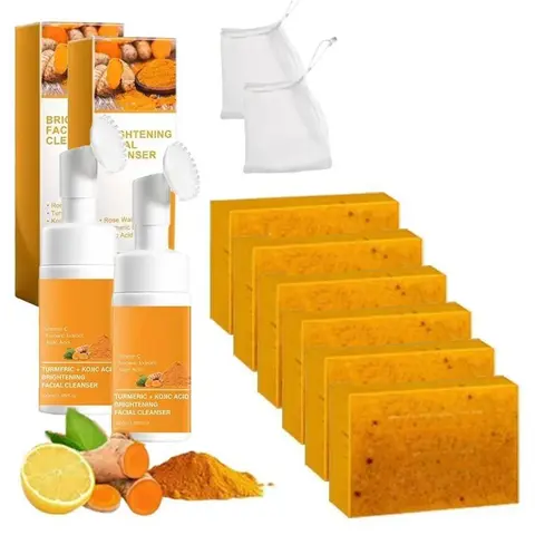 Natural Turmeric & Kojic Mousse + Soap 8pc Gift Set for Adults' Face & Body Deep Cleansing - Acid Turmeric Facial Cleanser, Kojic Acid Cleanser, Vitamin C Self Care Products for Women's Summer Daily Use