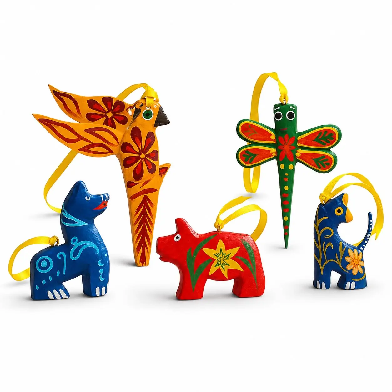 DREAMCO SUPPLIES Alebrije Ornaments, Mexican Wood Carving Sculptures, Oaxacan Alebrije Ornaments Set of 5, Animal Figurines, 2-3 inches