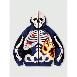 Cool skull flame print hoodie jacket, street-style loose cardigan outerwear, trendy fashion sweatshirt for youth