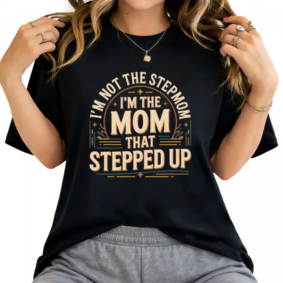 Men's Standard Fit Round Neck Short-Sleeve T-Shirt - Stepmom Proud, "I'm The Mom That Stepped Up" Minimalist Print, Denim Cargo Elements, 3XL, 2XL, Daily Commutes, All Seasons, Basic Menswear Streetwear Top