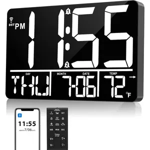 13"  Auto Sync Wall Clock - Large Digital  Clock with Remote, 25 Ringtones, Dual , Adjustable Brightness, 12/24H, Auto DST, for Living Room, Kitchen, Office,