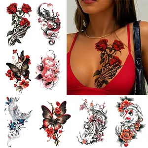 8 Sheets Colorful Butterfly Rose Tiger Dragon Arm Temporary Tattoo Stickers, Fake Tattoos, Waterproof Realistic Body Art Tattoos for Men Women Large Half Sleeve Designs