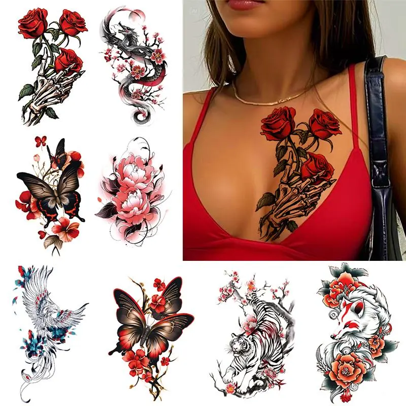 8 Sheets Colorful Butterfly Rose Tiger Dragon Arm Temporary Tattoo Stickers, Fake Tattoos, Aesthetic Tattoo Merch, Waterproof Realistic Body Art Tattoos for Men Women Large Half Sleeve Designs