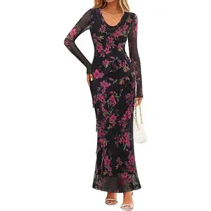 MEROKEETY Women's Fall Floral Long Sleeve Maxi Dress 2025 Cowl Neck Wedding Guest Ruffle Mesh Cocktail Bodycon Formal Dresses