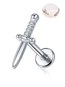 Silver Sword Titanium Flat Back Earrings for Women, Helix Tragus Conch Piercing Jewelry Hypoallergenic Cartilage Earring Stud Flat Pierced Jewelry