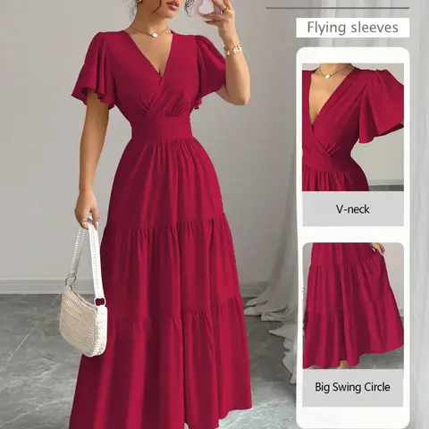 Women's French Style Slimming Short Dress, Elegant Solid Color, Flying Sleeves, Sexy Long Sleeve All-Season Wear, Perfect for Spring & Summer Fashion
