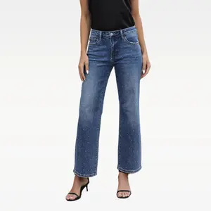 Vogatiques Mid Rise Straight Leg Jeans with Rhinestone Embellishments Full-Length Denim Pants Baggy Wide Leg