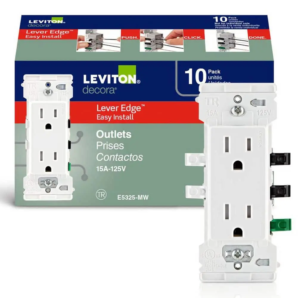 Decora Lever Edge Easy Install 15 Amp 125 V Tamper Resistant Duplex Outlet/Receptacle, White (10-Pack) E5325-MW