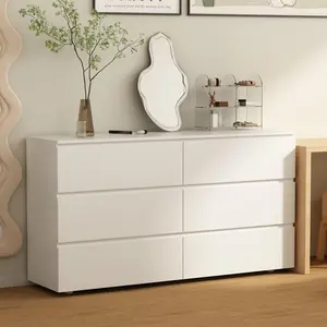 FUFU&GAGA Chest of Drawers White Dresser No Handles, 6 Drawer with Wide Storage, Modern Contemporary Cabinet (59”W x 15.7”D x 32.3”H)