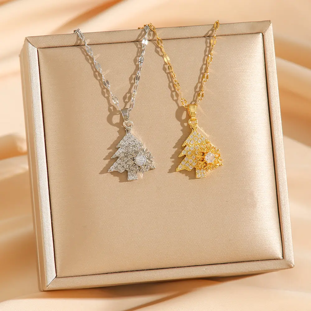 Rotating Christmas Tree Pendant Necklace, Silver-Tone Titanium Steel Holiday Jewelry for Women with Micro-Inlaid Crystal, Inlay