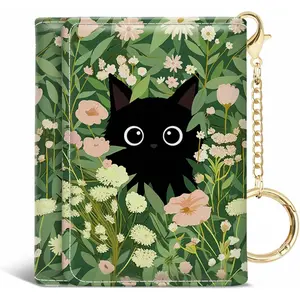 Black Cat Floral Womens Wallet, Small Slim Blocking Card Wallets, Cute Trifold PU Leather Card Holder Wallet Organizer, Mini Pocket Cash Wallet with 7 Card Slots ID Window for Girls Ladies