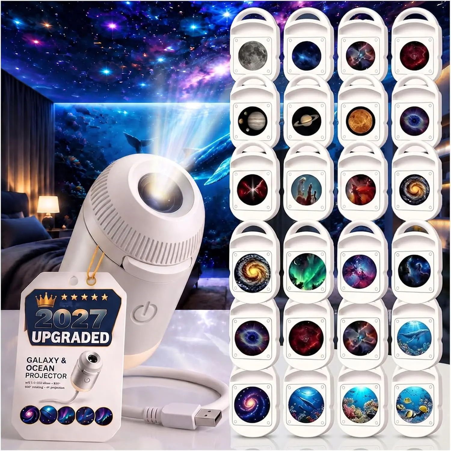 Galaxy Theme Star Projector Night Light - 2-in-1 Mini Plastic Body USB-Powered LED Lamp with Adjustable Brightness, 24 Projection Films, Includes Cable for Indoor Bedroom Ceiling Wall Decor