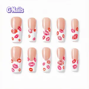 G-Nails A84 10pcs Handmade Press On Nails Reusable Long Square Nails with Red Lipstick Design Premium Craftsmanship for Valentine's Day & Formal Events
