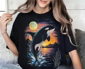 Orca Midnight Vintage Style Graphic Shirt, Retro Ocean  Orca Shirt, Moonlight Ocean Lightning Tee,90s Marine Life Graphic Top