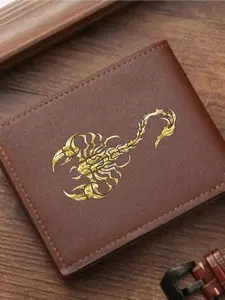 Men's Tribal Gold Scorpion Leather Wallet, Metal Texture Scorpion Print, Mystical Desert Theme Bi-Fold Coin Purse, Faux Leather, Trendy Gift