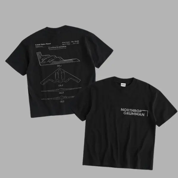 B2 Spirit V2 Blueprint Double Sides Heavy Cotton T-Shirt Vintage Northrop Grumman Stealth Bomber Graphic Tee Military Enthusiast Streetwear Clothing Gift for Men