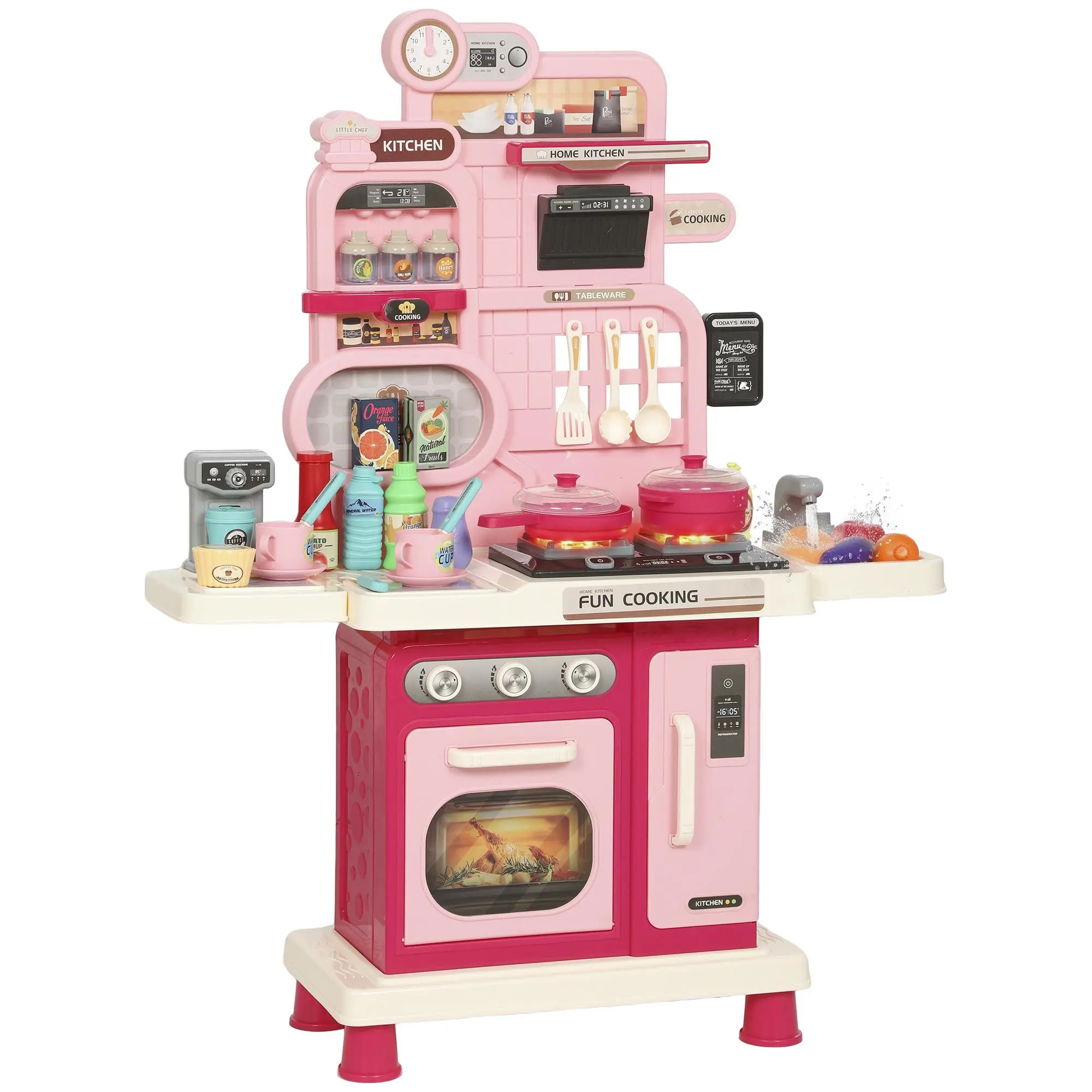 Qaba Kids Kitchen Playset, 34" Play Kitchen with Lights, Sounds, Play Sink, Storage, Cooking Stove, Oven, 33 PCS Accessories, Pretend Toys for Toddler 3-6 Years, Pink,sohochic
