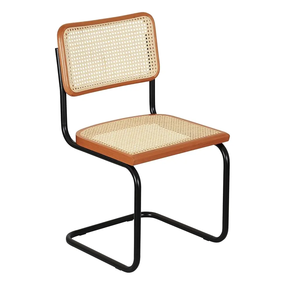 Furnish Theory Marcel Breuer Chair for Home Office - Steel Frame, Cherry Wood, Natural Cane