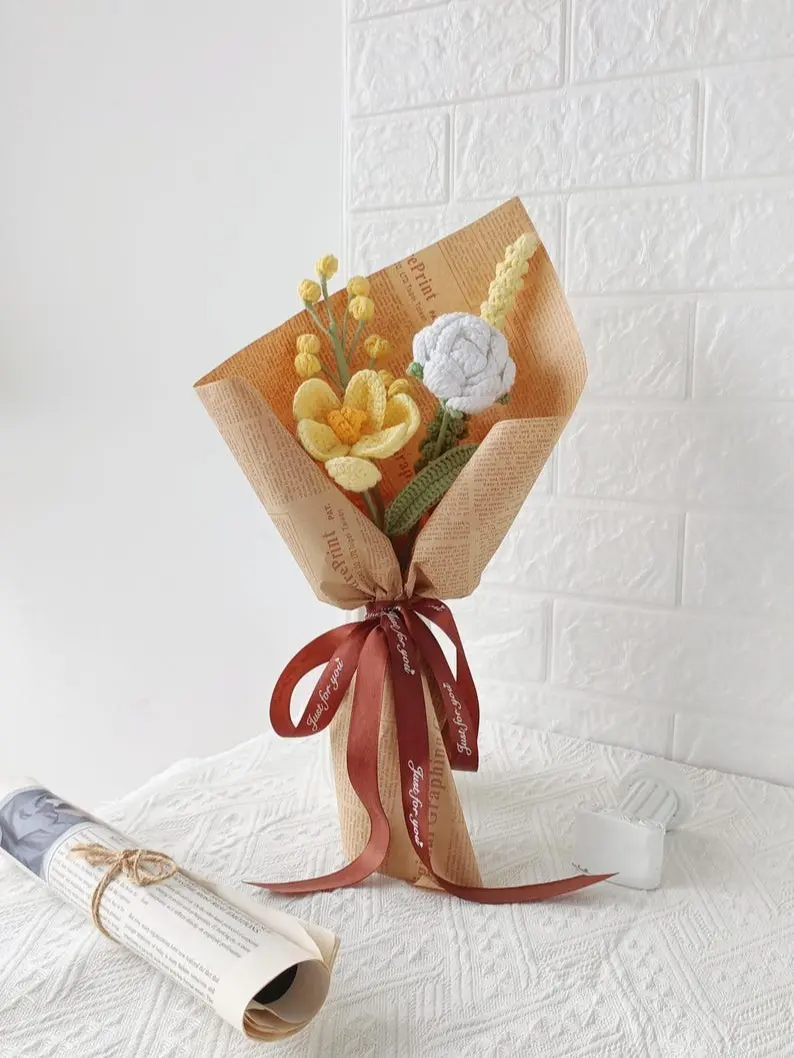 Handmade Crochet Bouquet: Knitted Lily, tulip Pink and Purple - Everlasting Birthday Mother's Day Gift with Gift Bag