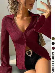 Women's Solid Color Fitted Flared Bell Sleeve Blouses & Shirts, Casual Elegant Long Sleeve Top for Daily Wear, Ladies Clothes for All Seasons, Womenswear