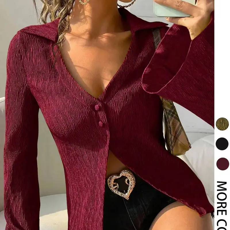 Women's Solid Color Fitted Flared Bell Sleeve Blouses & Shirts, Fabric, Basic Casual Elegant Long Sleeve Top for Daily Wear, Ladies Clothes for All Seasons, Womenswear