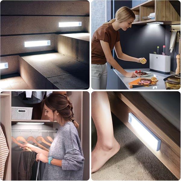 LED Motion Sensor Cabinet Lights USB Rechargeable Dimmable 3 Modes Wireless Night Light for Bedroom Stair Kitchen Office Bedside Cabinet Lighting