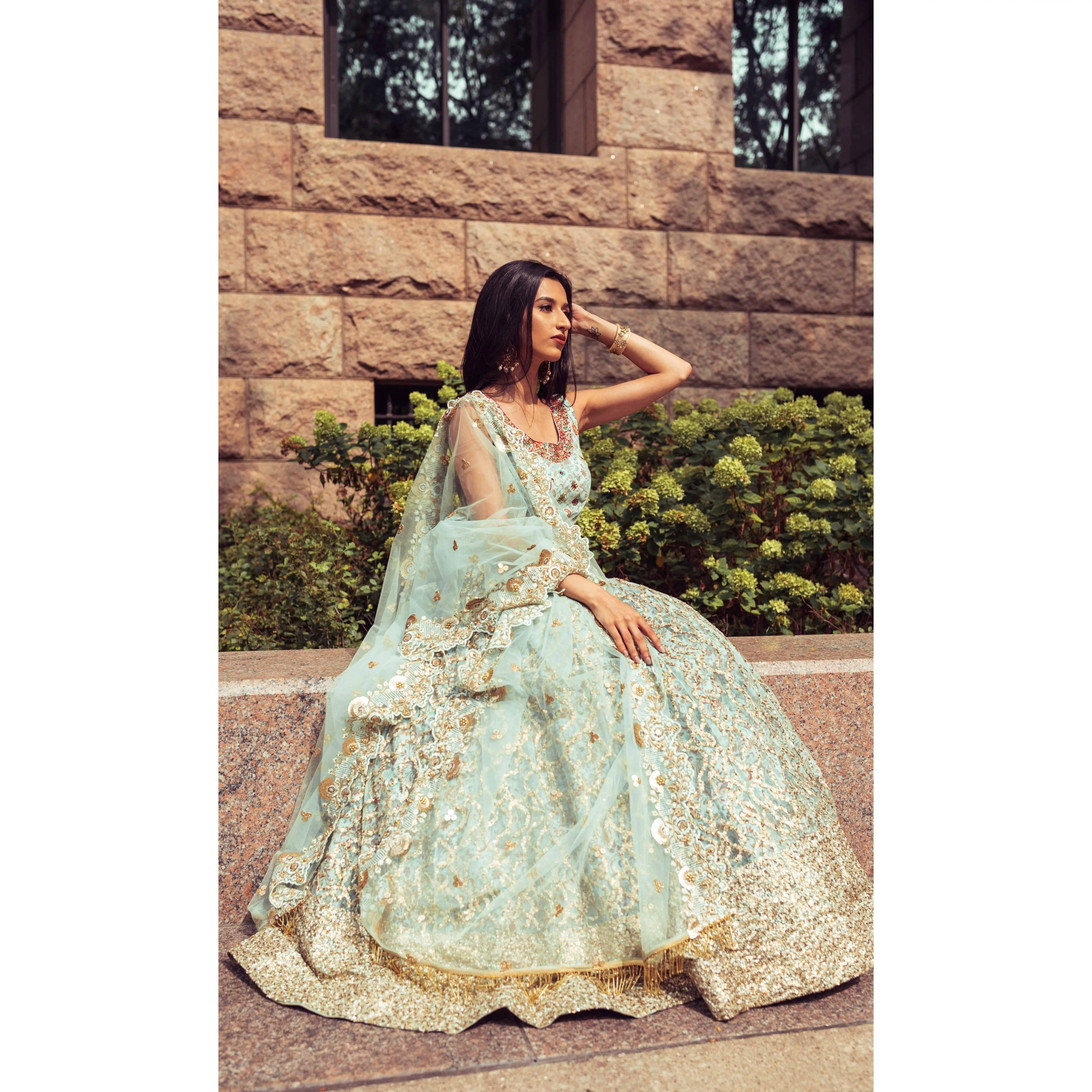 Mint Green Sequins Lehenga Choli with Embroidery