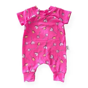 Dudisdesign Baby Girl Lollipops on Pink Romper - Handmade Soft Fabric with Stretchy Neck Band, Unisex Sizes 0-3/4T, Perfect for Valentine's Day