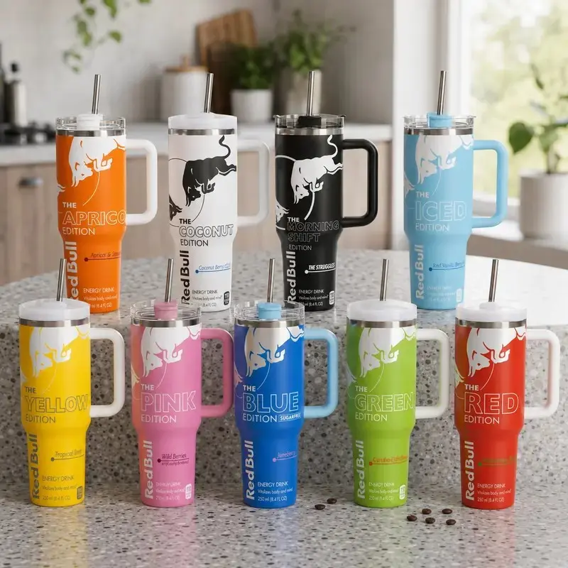ReqPull Energy Drink Inspired 40oz 30oz 20oz Stainless Steel Tumbler with Handle and Straw, Double Wall Vacuum Insulated Travel Mug