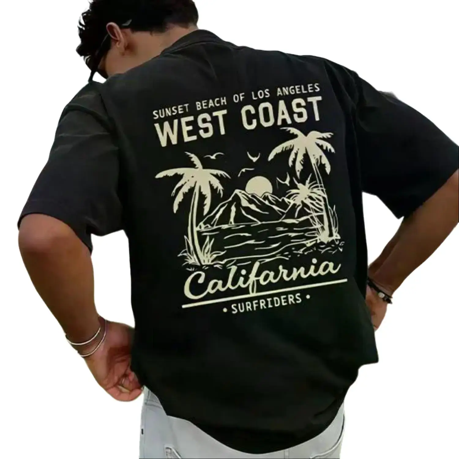 Men's Loose Cut Heavyweight Cotton Blend T-Shirt - Retro California Beach Scene Graphic Tee, Palm Tree-Mountain-Sea Design, Black-Gold Color Block, Short Sleeve, All Season Tropical Streetwear for Beach Vacation, Cold Wash Compatible, Vibrant Print