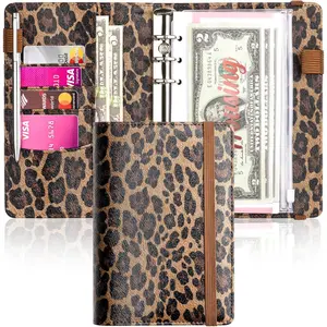 A6 Budget Binder for Money Saving, PU Leather Budget Planner with 8 Cash Envelopes, Budget Sheets & Rose Gold Category Stickers, Money Organizer for Cash (Brown Leopard)
