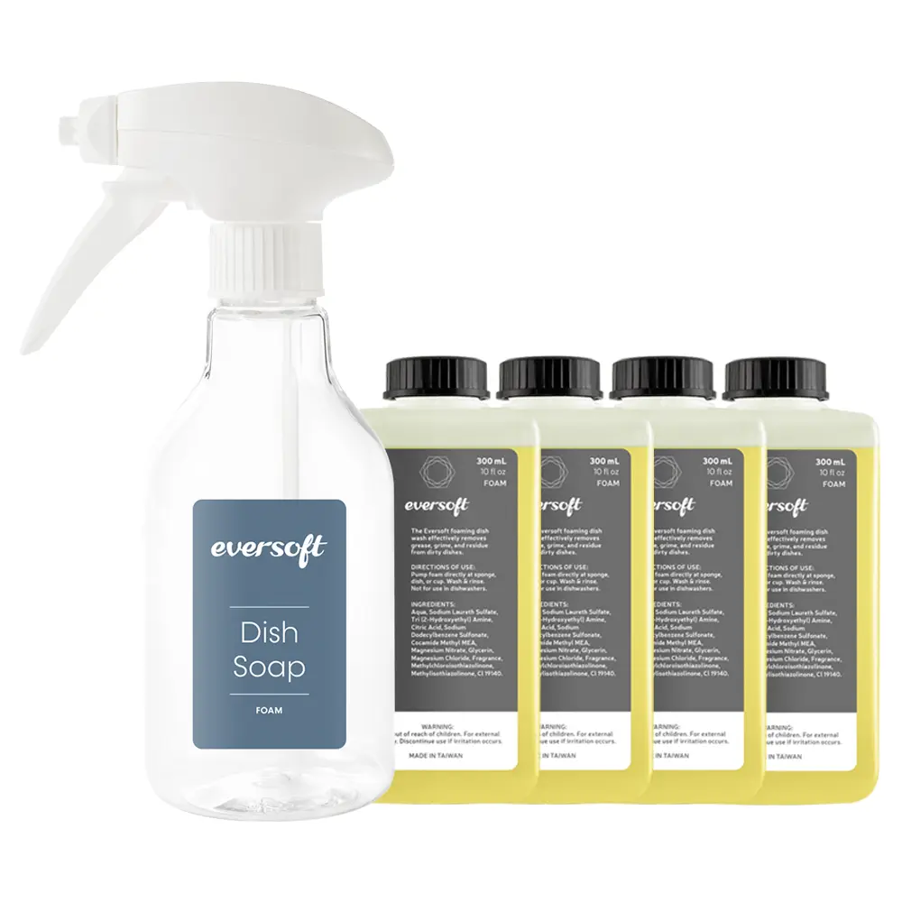 EZbrnd Eversoft Foaming Power Jet Dish Soap Spray Trigger Bottle + 4 Refill Dish Foam Soap Bundle, Yuzu Scent