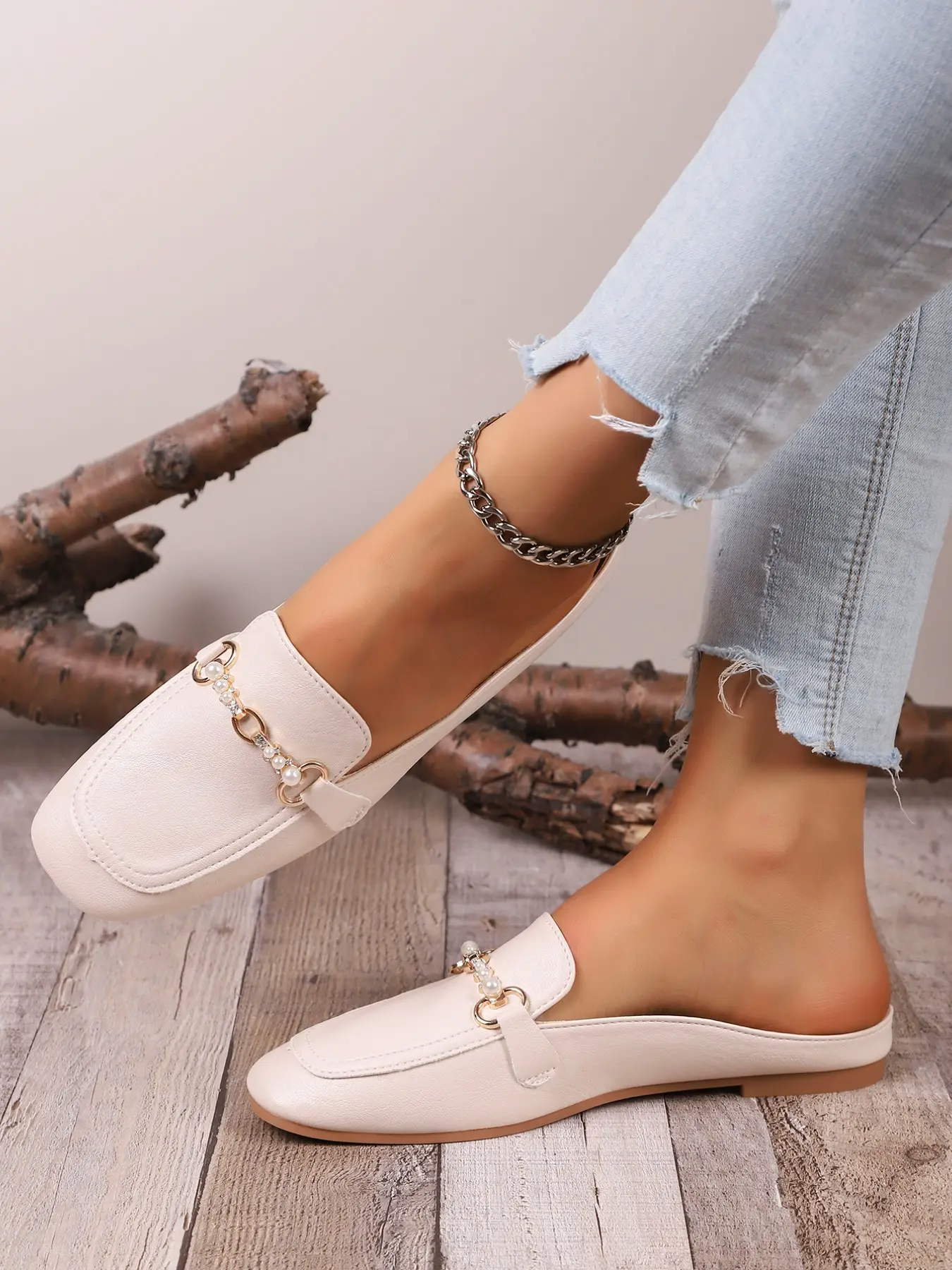 2026 New Summer Closed-Toe Half-Slip-On Fashion Flat Oxford Bean Shoes, PU Leather Mules, Large Size Solid Color Slippers, Casual All-Season Footwear