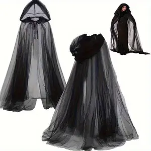 [Spooky Witch Cape] 1pc Long Breathable Mesh Hooded Halloween Witch Cape for Adults - Unisex Spooky Party Outfit with Adjustable Drawstring Hood, Halloween Costumes & Themed Events, Halloween Clothes
