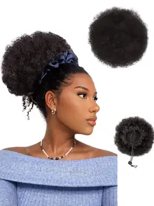 Afro Puff Drawstring Ponytail Extension for Black Women, Premium Black Short Afro Puff Ponytail for Natural Hair, Clip On Fluffy Afro Kinky Drawstring Curly Ponytail Bun