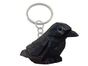 Raven Black Bird Crow Keychain Ring Hook Clip Charm Miniature Wood Mini Figurine Small Animal