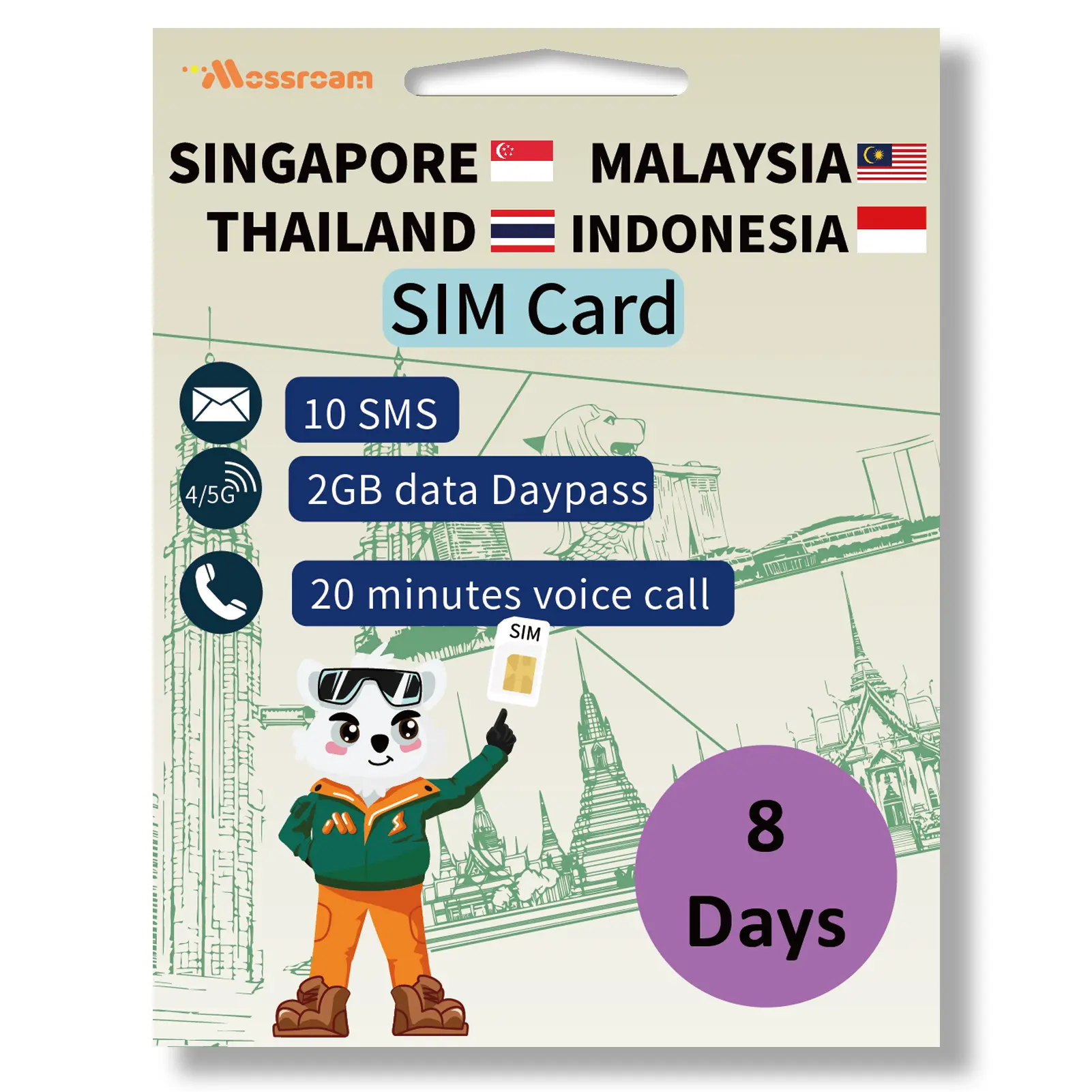 Singapore, Malaysia, Thailand & Indonesia Travel SIM Card - 8‑15 Days - 2GB Daily High‑Speed Data - 20 Min Calls & 10 Texts - Prepaid, No Roaming Fees, Easy Setup