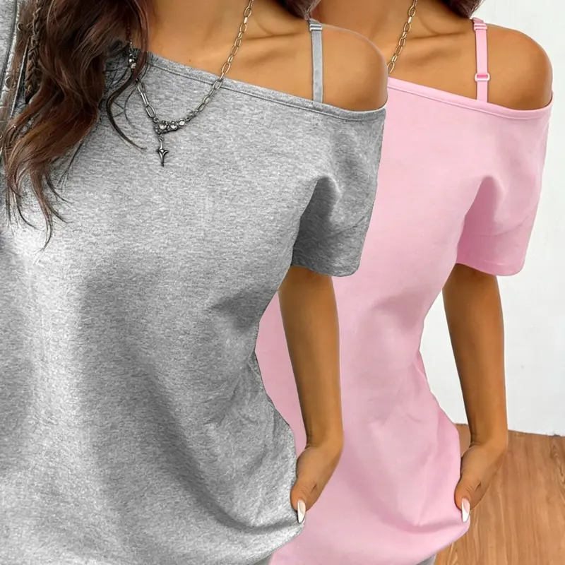 Women's 2pcs/1pc Off-Shoulder T-Shirt Pajama Set, / Ribbed Straps, 100% Polyester, Seamless Drop Shoulder, Sexy Streetwear, Loungewear