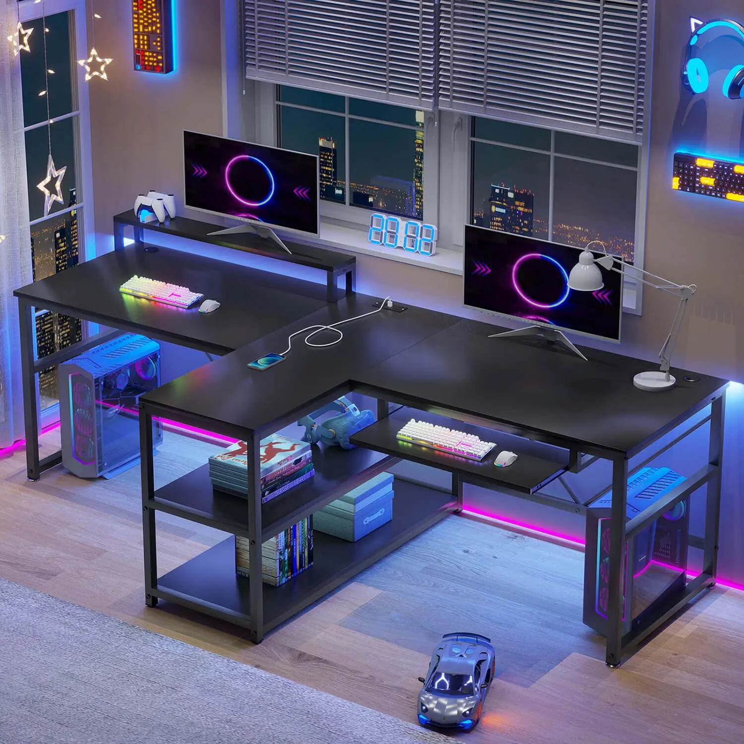 Sikaic 94.5 Inch T-Shaped Gaming Desk for 2 People, Black Double Computer Desk with Storage for Dual Monitor Setup