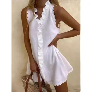 2026-2027-New women’s casual white cotton-linen summer V-neck ruffle sleeveless mini dress - elegant boho beach party style; also suitable as a long robe; comfortable basic minimalist design