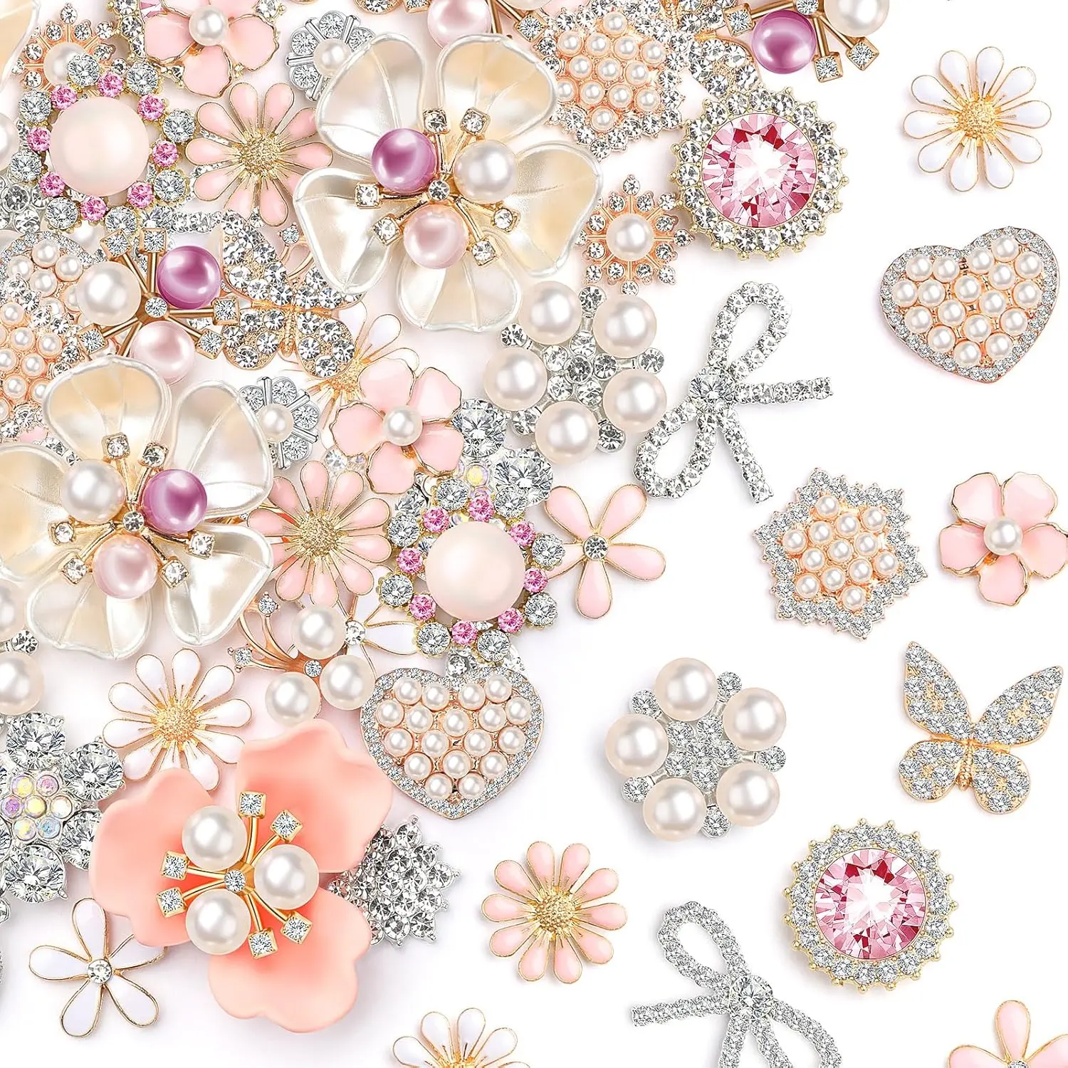 Women’s Sewing Supplies 24-Piece Vintage Rhinestone Buttons - Alloy Base, Flower-Shaped, Blush Pink Bowknot Flat-Back Buttons with Faux Pearls for DIY Crafts, Dances, Ceremonies
