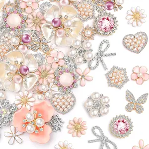 Rhinestone Buttons 24 Pcs  Crafts Clothes Faux Pearl Embellishments Pink Butterfly Rhinestone Flower Buttons Vintage Women Pearl Brooch Jewelry Making DIY Bags Shoes Supplies