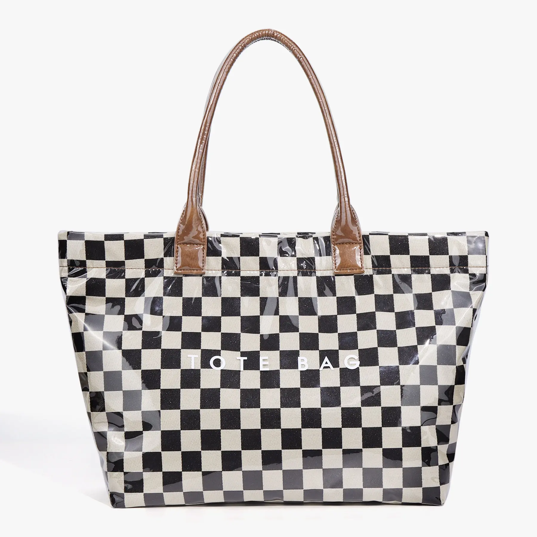 Women's PVC Checkered Tote Bag, Large Zip-Top Shoulder Bag for Work, Shopping & Travel