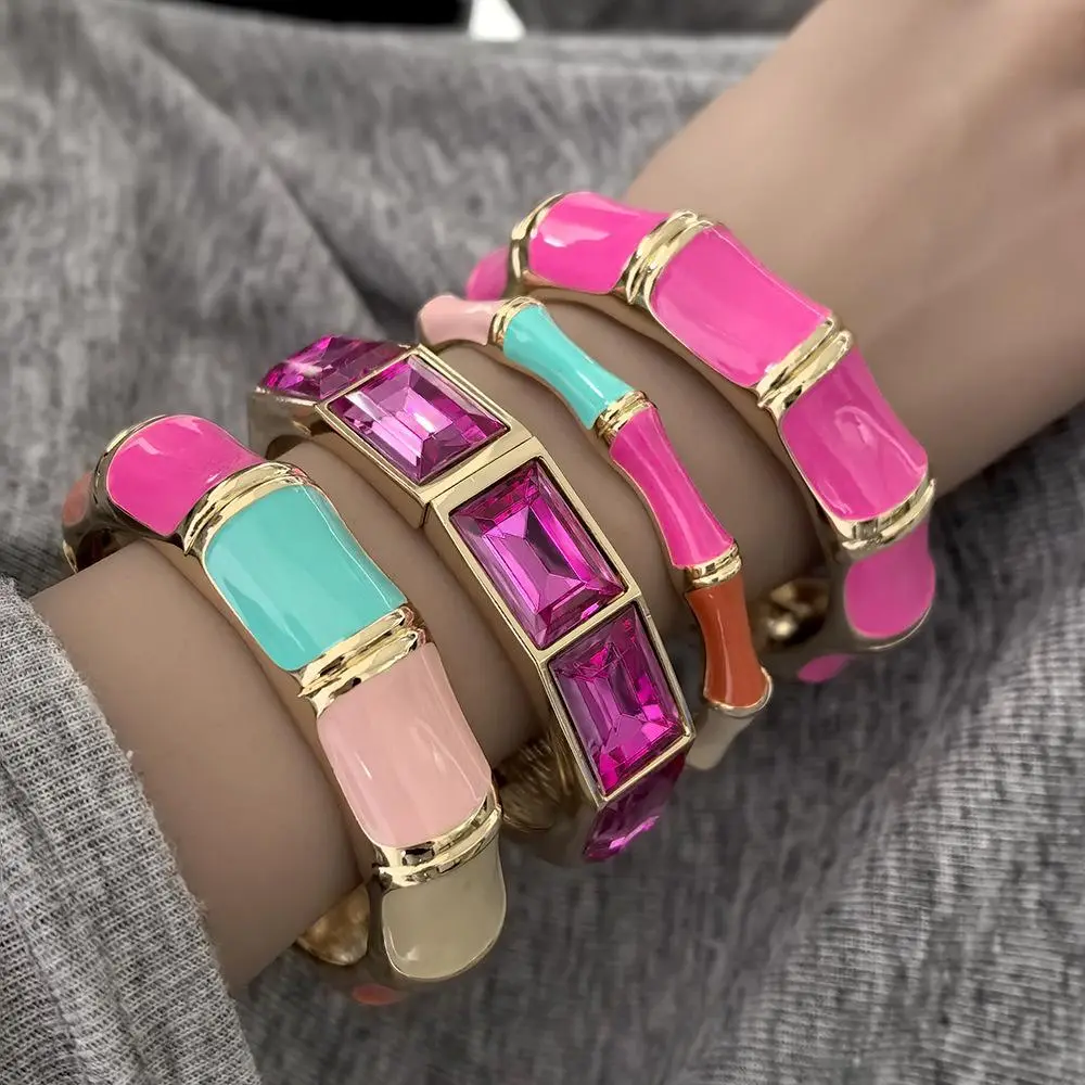 KMVEXO Elegant Charm Pink Zinc Alloy Enamel Bangles Geometric Irregular Wide Cuff Spring Bangle Bracelets For Women Jewelry