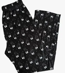 Gothic Cat Skull Pajama Pants, Spooky Cute Black Cat Print Lounge Pants, Unisex Wide Leg Casual Sleep Bottoms, Cozy All Season Comfortable Sleepwear For Men Women