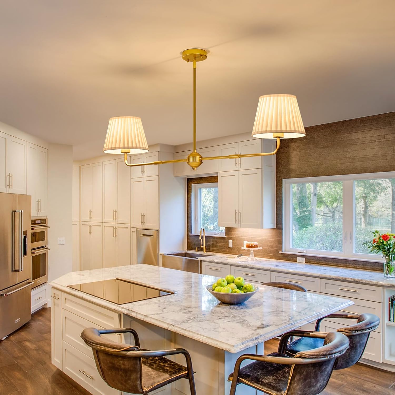 Karjear Gold Linear Chandelier, 43.3" Modern Double Kitchen Island Light with White Fabric Shade for Dining Room Restaurant Living Room